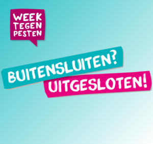 Een blauw-witte banner met de woorden "Ondersteunt scholen bij sociale veiligheid" en "buttsluttungen ugesloten". School en Veiligheid