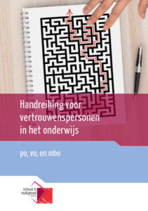 Op de boekomslag met de titel "Handreiking voor vertrouwenspersonen in het onderwijs" staan de woorden "handwerking voor verwijderen". School en Veiligheid