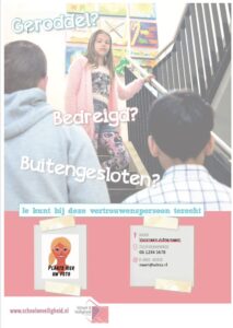 Een pestpreventieposter met een afbeelding van een meisje en een jongen, waarin de rol van een vertrouwenspersoon wordt gepromoot. School en Veiligheid