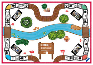 Een bordspel met een schilderachtig landschap met een rivier en bomen. School en Veiligheid