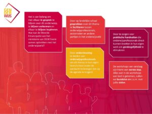 Een flyer ter promotie van Project Genderwijs, waarin de bijdragen van onderwijs aan gendergelijkheid worden benadrukt. School en Veiligheid