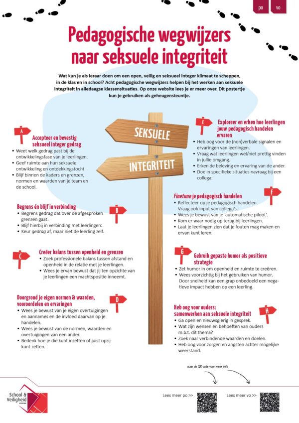Een poster met de woorden pedagogie en integratie, met nadruk op pedagogische wegwijzers naar seksuele integriteit (po). School en Veiligheid