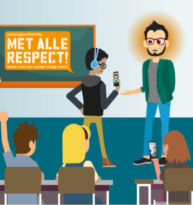Een groep mensen die scholen ondersteunen om de sociale veiligheid te vergroten terwijl ze voor een klaslokaal staan. School en Veiligheid