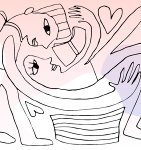 Een tekening van een man en vrouw die elkaar omhelzen en scholen ondersteunen bij het bevorderen van de sociale veiligheid. School en Veiligheid