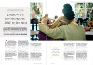 Een hartverwarmend tijdschrift waarin twee vrouwen elkaar omhelzen en het belang van seksuele integriteit benadrukken door hun oprechte blijk van genegenheid. School en Veiligheid
