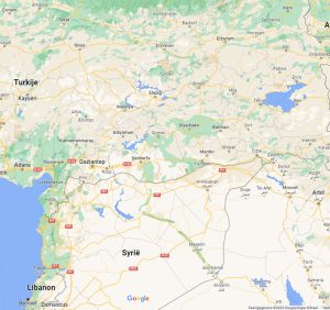 Uitsnede van het getroffen gebied van de aardbeving in Turkije in februari 2023