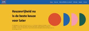 Screenshot van een website met Nederlandse tekst die zich vertaalt naar 'Worden Wie Je Bent - de vrijheid om nu te kiezen is de beste beslissing voor later', vergezeld van een afbeelding met kleurrijke cirkels erop School en Veiligheid