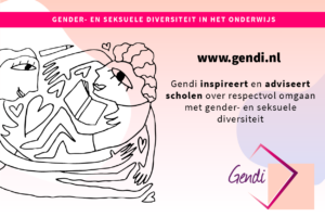 Educatieve flyer ter bevordering van gender en seksuele diversiteit in het onderwijs. Inclusief gestileerde lijntekeningen van figuren, webadres (www.gendi.nl) en een korte boodschap in het Nederlands die respect op scholen aanmoedigt: een-sociaal-veilige-school-daar-kan-iedereen-zichzelf-zijn. School en Veiligheid