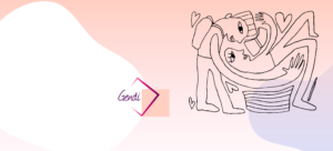 Abstracte lijntekening van twee knuffelende figuren op een pastelkleurige achtergrond. Het woord "Gendi" verschijnt in gestileerde tekst in een roze geometrische vorm aan de linkerkant, wat de geest van een-sociaal-veilige-school-daar-kan-iedereen-zichzelf-zijn belichaamt. School en Veiligheid