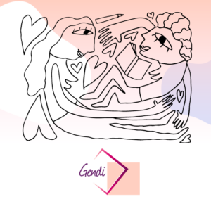 Lijntekening van twee abstracte figuren die elkaar omhelzen met harten eromheen. Eén figuur houdt een boek vast terwijl de ander gebaren maakt, wat de geest van een-sociaal-veilige-school-daar-kan-iedereen-zichzelf-zijn bevordert. Het woord “Gendi” staat hieronder met een geometrisch logo. School en Veiligheid