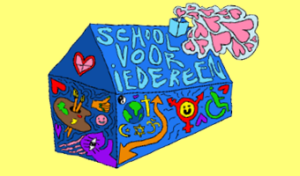 Een kleurrijke tekening van een huis met 'school voor iedereen' erop geschreven in het Nederlands, wat 'school voor iedereen' betekent, versierd met symbolen zoals een hart, pijl, smiley en toegankelijkheidspictogram. Het is een perfecte weergave van ‘een-sociaal-veilige-school-daar-kan-iedereen-zichzelf-zijn. School en Veiligheid