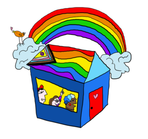 Kleurrijke tekening van een huis met een rode deur, grote regenboog die zich over het hoofd buigt, wolken aan elk uiteinde van de regenboog, drie mensen en een vogel op het dak. De scène weerspiegelt de essentie van een een-sociaal-veilige-school-daar-kan-iedereen-zichzelf-zijn-omgeving. School en Veiligheid