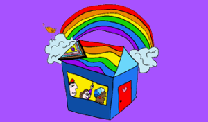 Illustratie van mensen en dieren in een blauw huis met een hart op de deur, onder een regenboog in een paarse lucht, die de geest van een-sociaal-veilige-school-daar-kan-iedereen-zichzelf-zijn belichaamt. School en Veiligheid