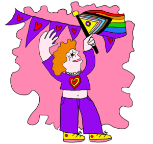 Stripfiguur met krullend haar in een paarse outfit met een regenboogvlag, staande voor een roze achtergrond met een met hart versierde vlaggetjes – een-sociaal-veilige-school-daar-kan-iedereen-zichzelf-zijn. School en Veiligheid