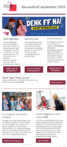 Screenshot van een Nederlandse nieuwsbrief van School & Veiligheid voor september 2024 met secties over de anti-pestweek, educatief materiaal, webinars en artikelen. Meld je aan voor onze nieuwsbrief om op de hoogte te blijven van de nieuwste bronnen en evenementen! School en Veiligheid