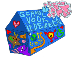 Op een kleurrijke huisillustratie staat 'School Voor Iedereen', symbool voor liefde, diversiteit en toegankelijkheid. Met hartvormige rook uit de schoorsteen onderstreept zij haar missie: ondersteuning van scholen bij sociale veiligheid. School en Veiligheid